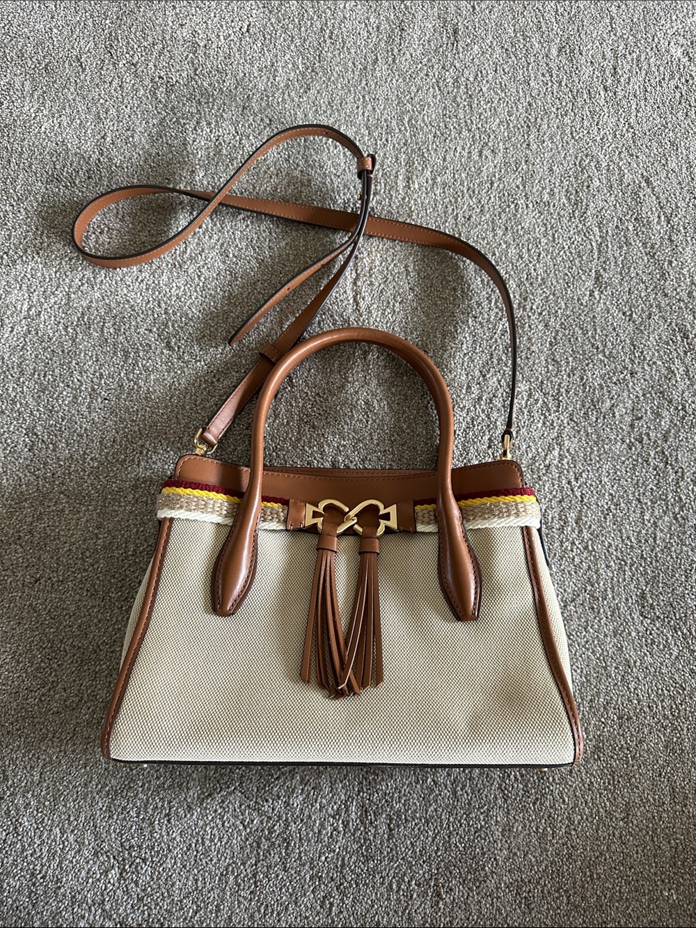 kate spade Cream Canvas and Brown Leather Satchel with Tassel